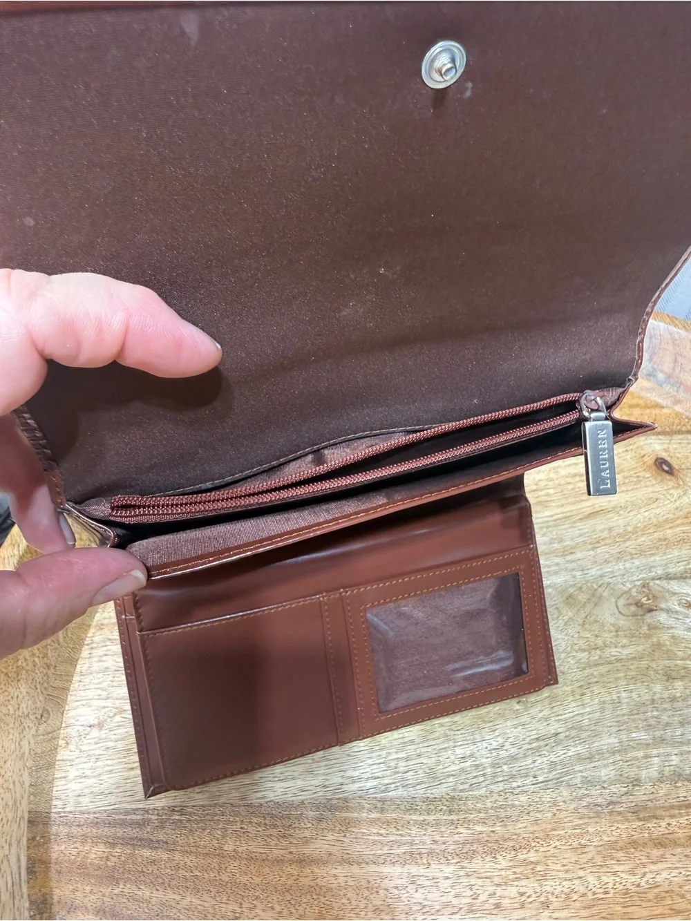 Brown Organizer Wallet Lauren Ralph Lauren Glossy Checkbook Clutch